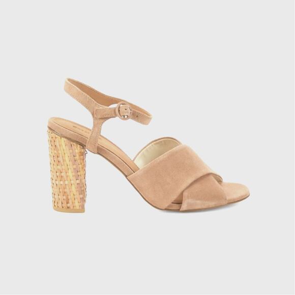 Soludos Tan Wicker Block Heeled Olivia Suede Ankle Strap Sandals - 7 - Picture 1 of 8